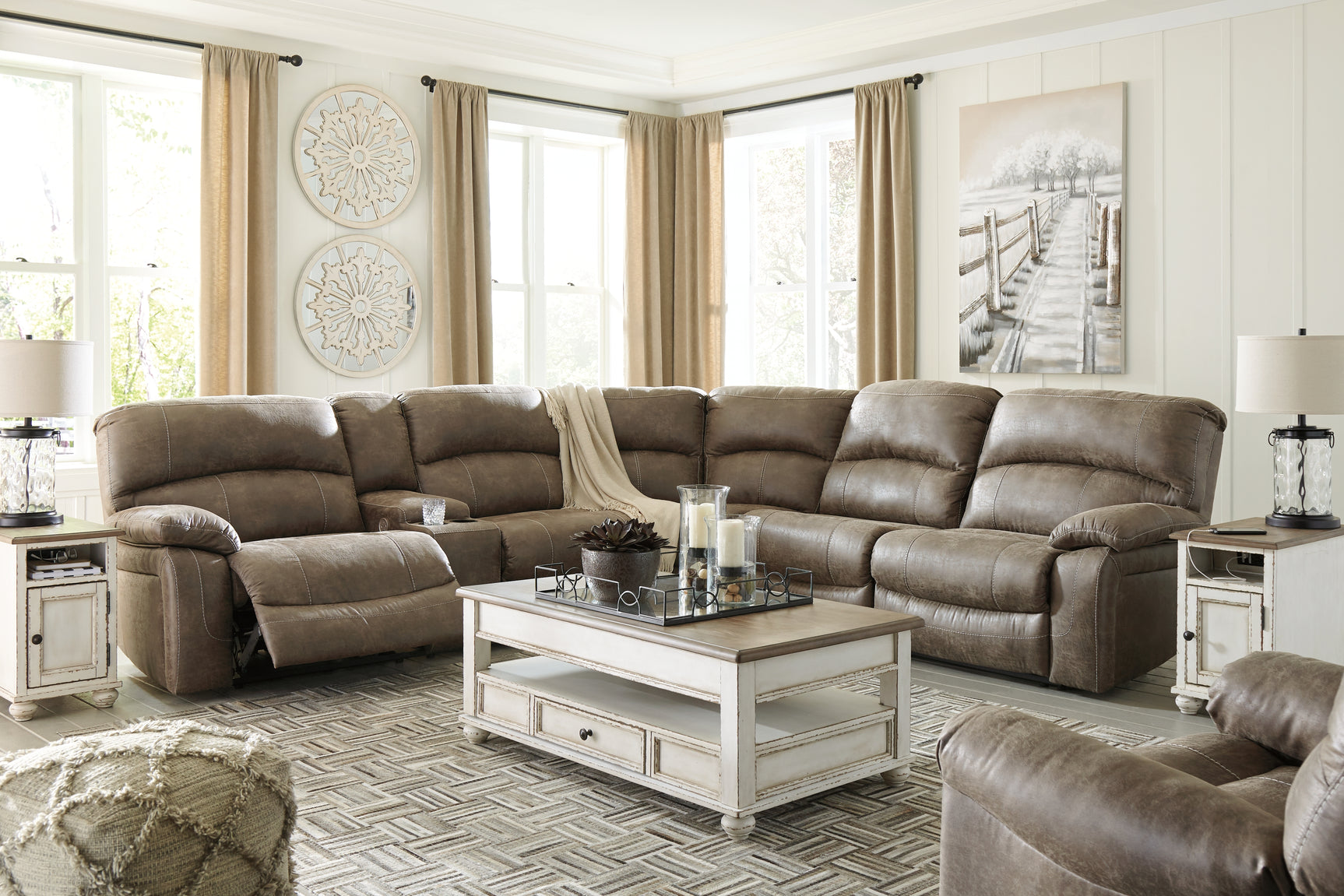 Realyn Coffee Table with Two End Tables in white and brown finish