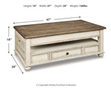 Realyn White/Brown Coffee Table with 2 End Tables — dimension illustration