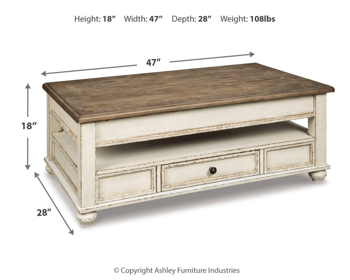 Realyn White/Brown Coffee Table with 2 End Tables — dimension illustration