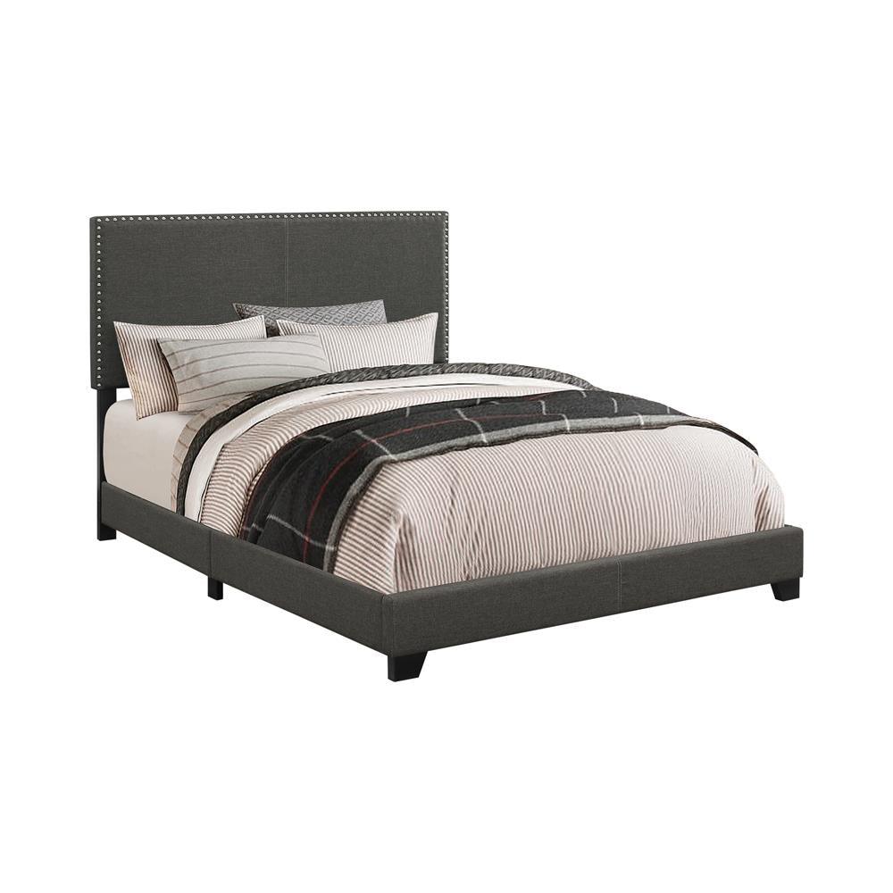 Boyd Twin Upholstered Bed with Charcoal Nailhead Trim close-up of headboard