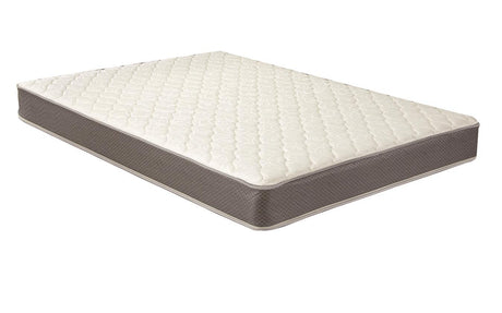 Quimby 7-inch twin mattress showing side angle with quilted foam top