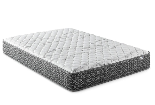 Hayes Queen Firm Tight Top Hybrid Mattress with close-up on white Tencel blend cover