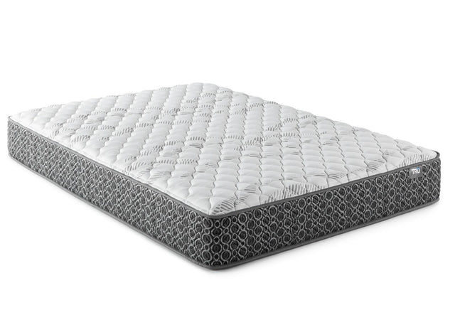 Hayes Queen Firm Tight Top Hybrid Mattress with close-up on white Tencel blend cover