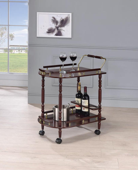 Merlot and Brass 2-Tier Serving Cart side view showing wine rack