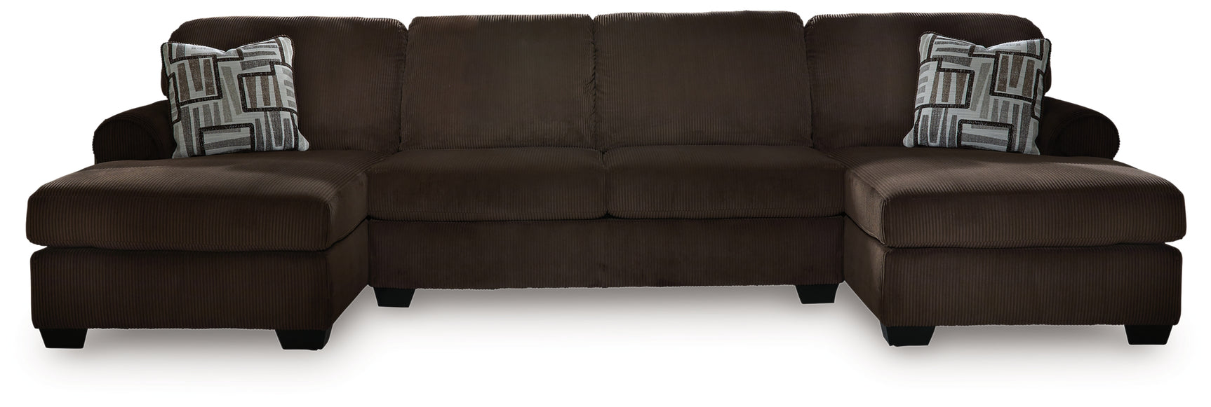 side view of Kimlee Chocolate Velvet 3-Piece Sectional with Double Chaise