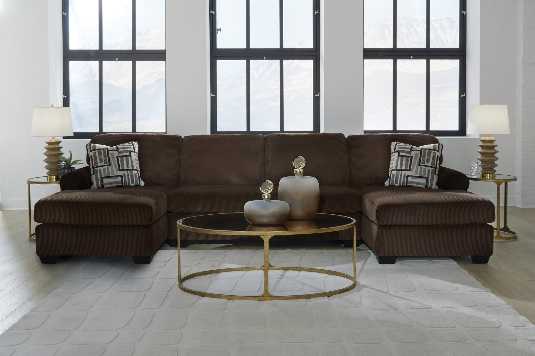close-up detail of chocolate velvet upholstery on Kimlee sectional