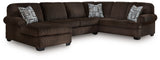 Kimlee Chocolate Velvet 3-Piece Sectional Sofa with Chaise, side angle