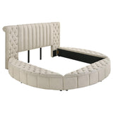 Side angle of Sonya Upholstered King Bed showing storage compartments