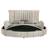 Close-up of ivory bouclé fabric upholstery on Sonya bed