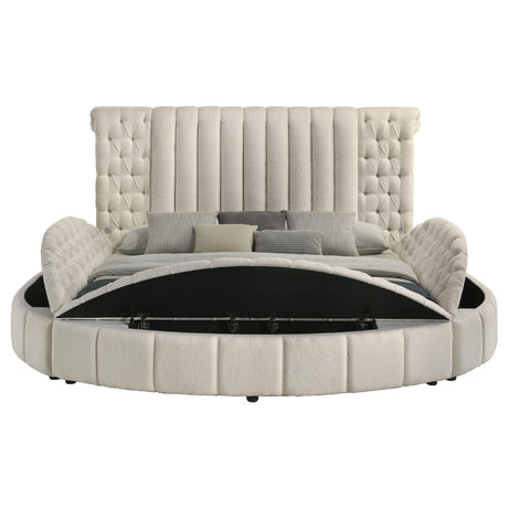 Close-up of ivory bouclé fabric upholstery on Sonya bed