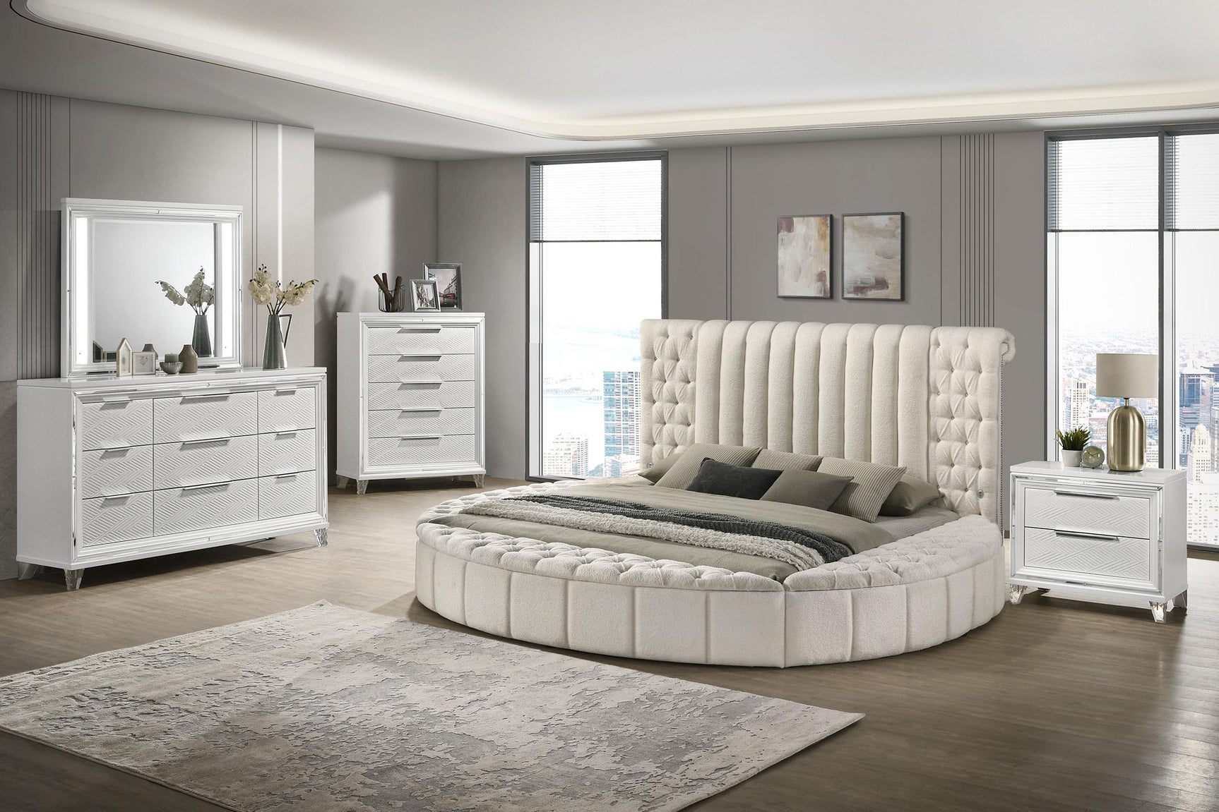 Decorative tufting and button details on Sonya bed headboard