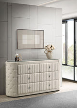 Sonya dresser corner side view showing diamond tufting