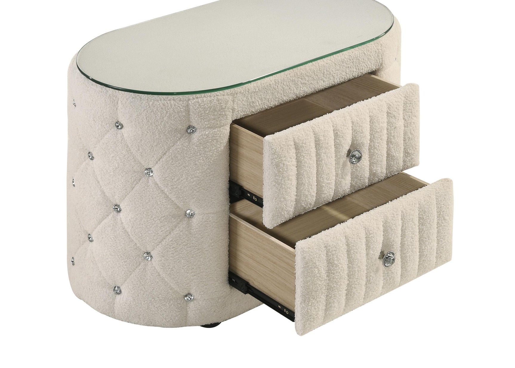 Sonya ivory upholstered 2-drawer nightstand with glass top