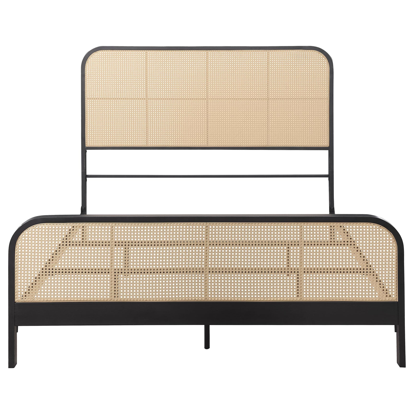 Close-up of black polyethylene rattan woven design on bed frame