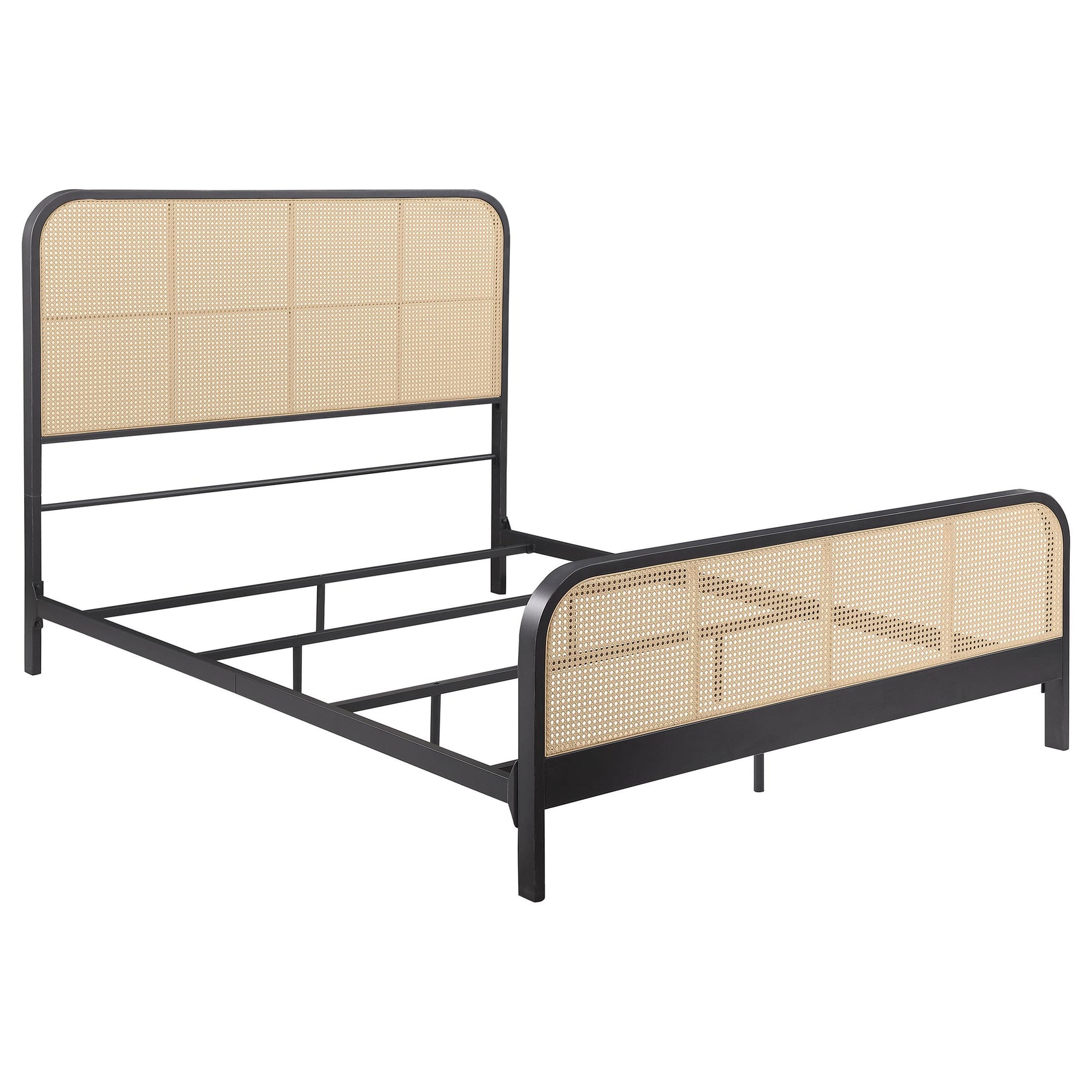Close-up of black powder-coated metal frame and rattan textured headboard
