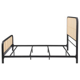Diagonal view of Lanewood queen bed with black metal and rattan details