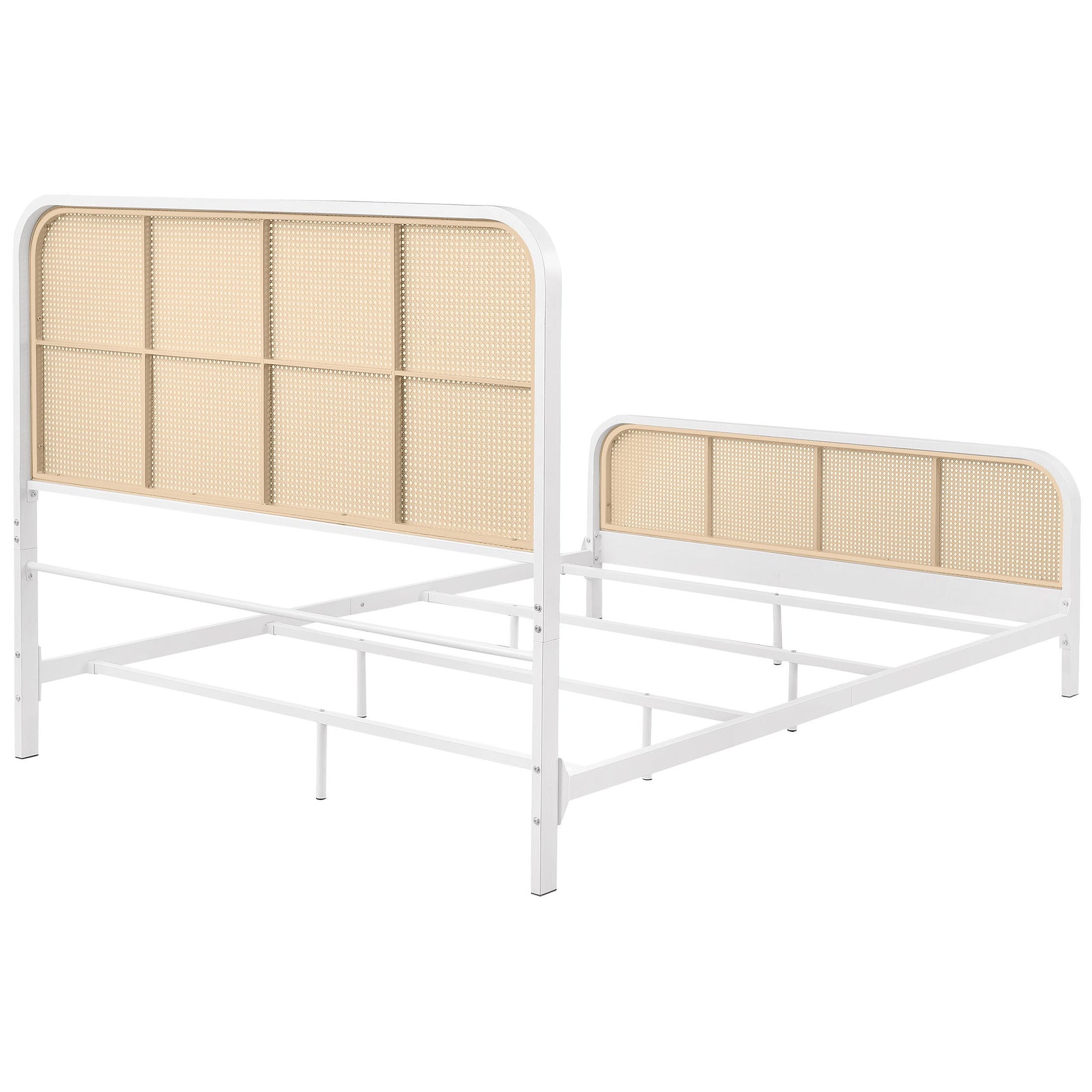 Angled view capturing bed’s rounded corners and woven texture