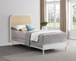 Amherst Twin Bed close-up of rattan weave headboard and metal frame