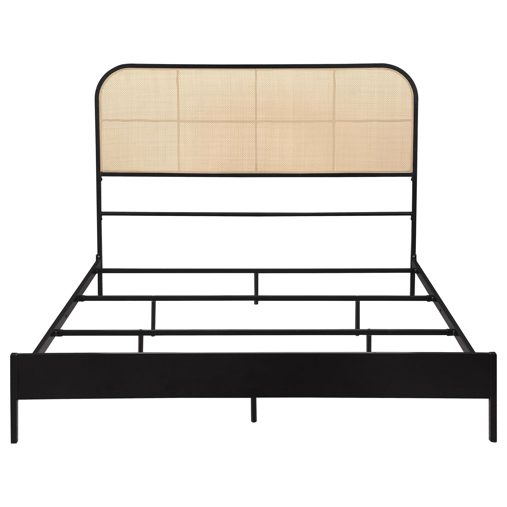 Detailed view of woven rattan headboard on black metal bed