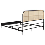 Amherst black metal king bed with woven rattan headboard