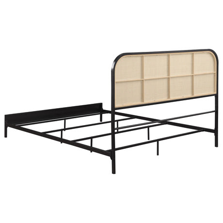 Amherst black metal king bed with woven rattan headboard