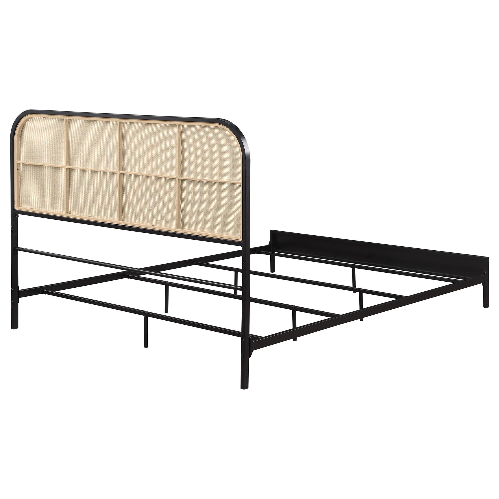 Amherst black metal king bed with woven rattan headboard