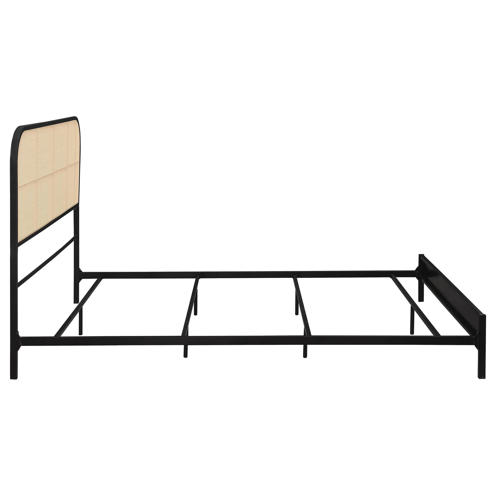 Amherst black metal king bed with woven rattan headboard