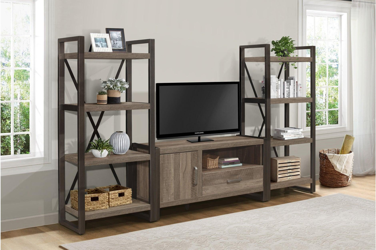 Dogue Brown Modern Sleek Contemporary Solid Wood Metal Media (51) Tv Stand And 2 4-Shelf Bookcases - Ella Furniture