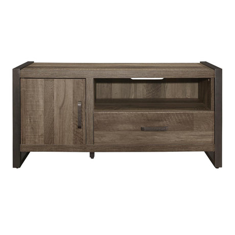Dogue 51 inch brown wood and gunmetal finish TV stand front view