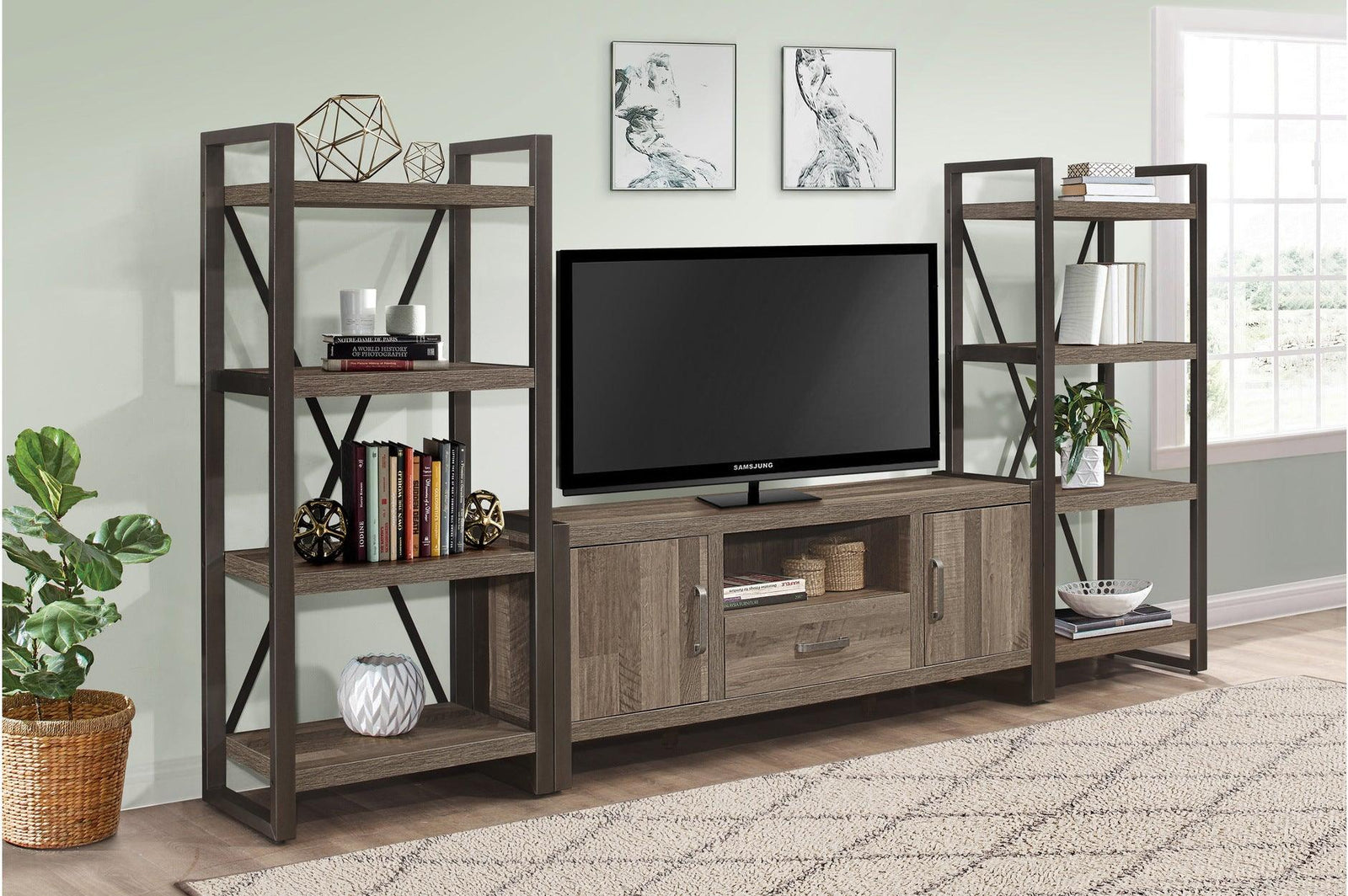 Dogue Brown Modern Sleek Contemporary Solid Wood Metal Media (63) Tv Stand And 2 4-Shelf Bookcases - Ella Furniture