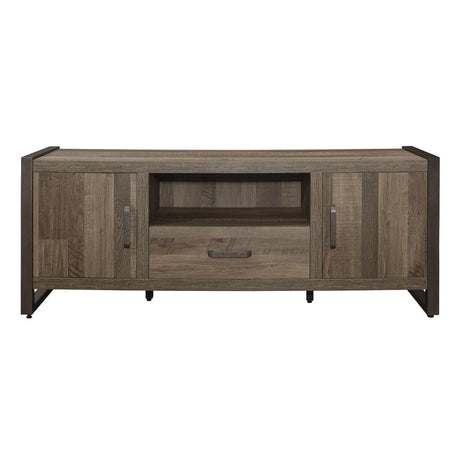 Dogue TV stand brown wood grain melamine and gunmetal finish 63-inch front view