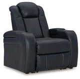 Fyne-Dyme Sapphire power reclining sofa, loveseat, and recliner set in sapphire blue upholstery