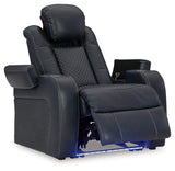 Fyne-Dyme Sapphire power reclining sofa, loveseat, and recliner set in sapphire blue upholstery