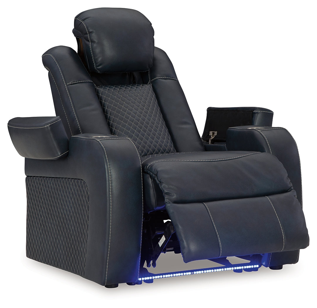 Fyne-Dyme Sapphire power reclining sofa, loveseat, and recliner set in sapphire blue upholstery