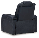 Fyne-Dyme Sapphire power reclining sofa, loveseat, and recliner set in sapphire blue upholstery