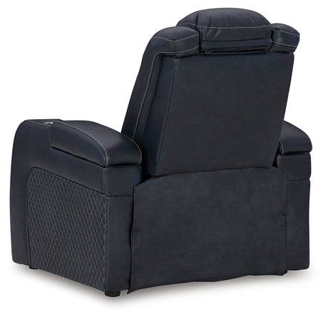 Fyne-Dyme Sapphire power reclining sofa, loveseat, and recliner set in sapphire blue upholstery