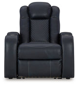 Fyne-Dyme Sapphire power reclining sofa, loveseat, and recliner set in sapphire blue upholstery