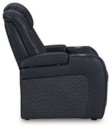 Fyne-Dyme Sapphire power reclining sofa, loveseat, and recliner set in sapphire blue upholstery