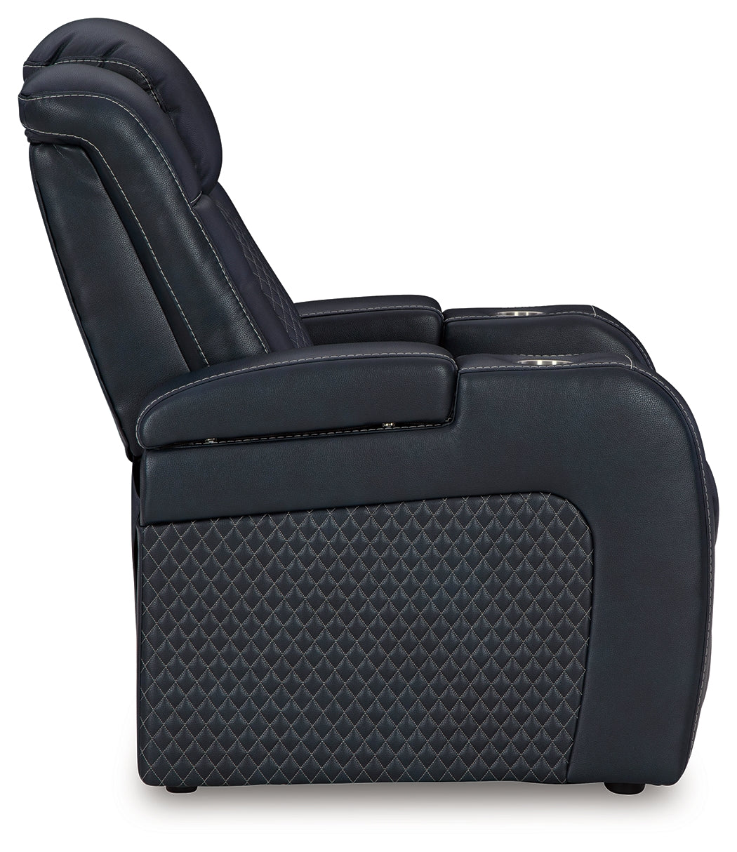 Fyne-Dyme Sapphire power reclining sofa, loveseat, and recliner set in sapphire blue upholstery