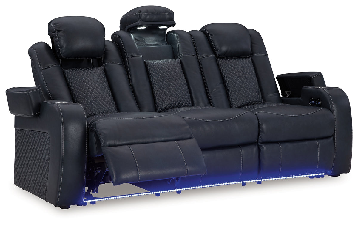 Fyne-Dyme Sapphire power reclining sofa, loveseat, and recliner set in sapphire blue upholstery