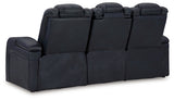 Fyne-Dyme Sapphire power reclining sofa, loveseat, and recliner set in sapphire blue upholstery