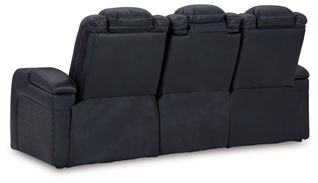 Fyne-Dyme Sapphire power reclining sofa, loveseat, and recliner set in sapphire blue upholstery