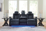 Fyne-Dyme Sapphire power reclining sofa, loveseat, and recliner set in sapphire blue upholstery