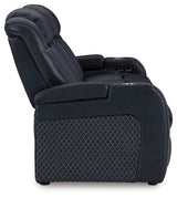 Fyne-Dyme Sapphire power reclining sofa, loveseat, and recliner set in sapphire blue upholstery