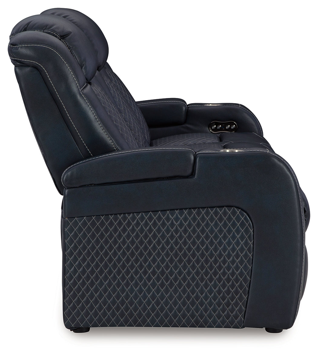 Fyne-Dyme Sapphire power reclining sofa, loveseat, and recliner set in sapphire blue upholstery