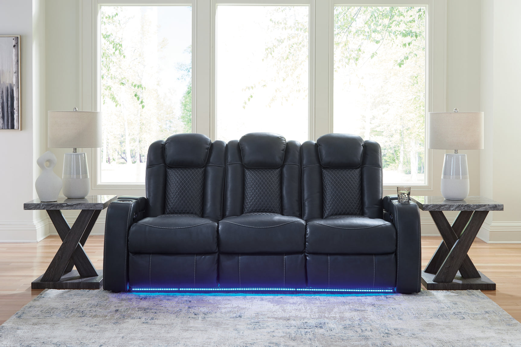 Fyne-Dyme Sapphire power reclining sofa, loveseat, and recliner set in sapphire blue upholstery