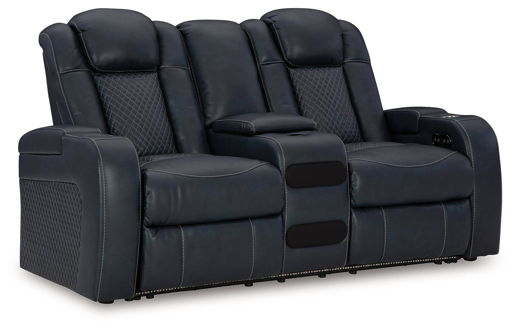 Close-up of cup holders and charging ports on sofa arm