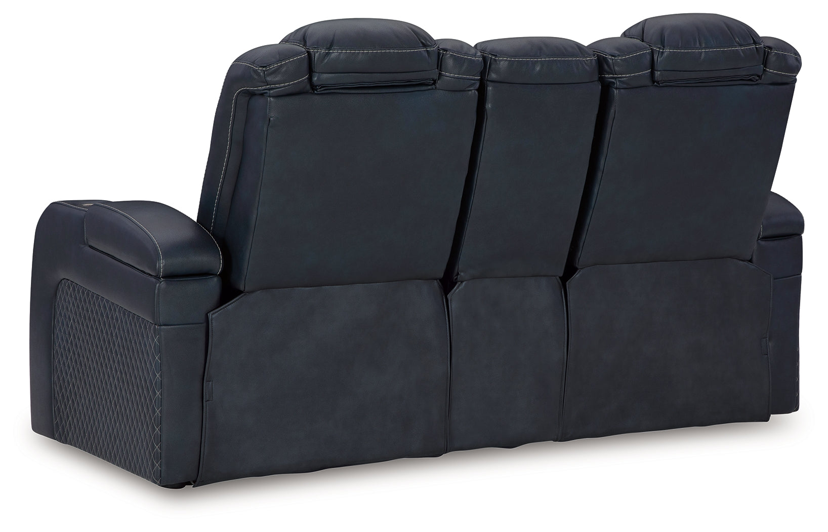 Side angle of recliner showing stitching details