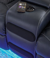Fyne-Dyme Sapphire power reclining sofa, loveseat, and recliner set in sapphire blue upholstery