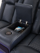 Fyne-Dyme Sapphire power reclining sofa, loveseat, and recliner set in sapphire blue upholstery